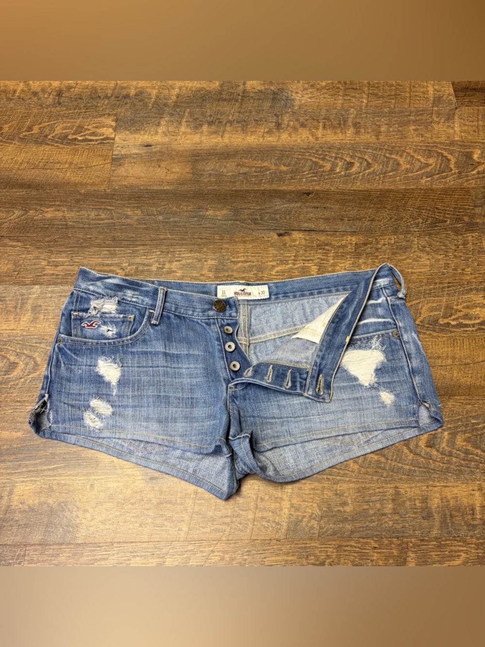 Vintage Y2K Hollister Distressed Low Rise Micro Mini Denim Jean Shorts Sz 11/30